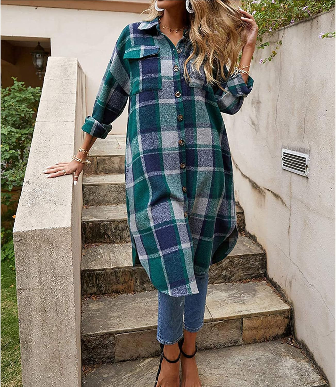 Women'S Casual Wool Blend Long Plaid Shirt Jacket Button down Pocketed Shirt Shacket