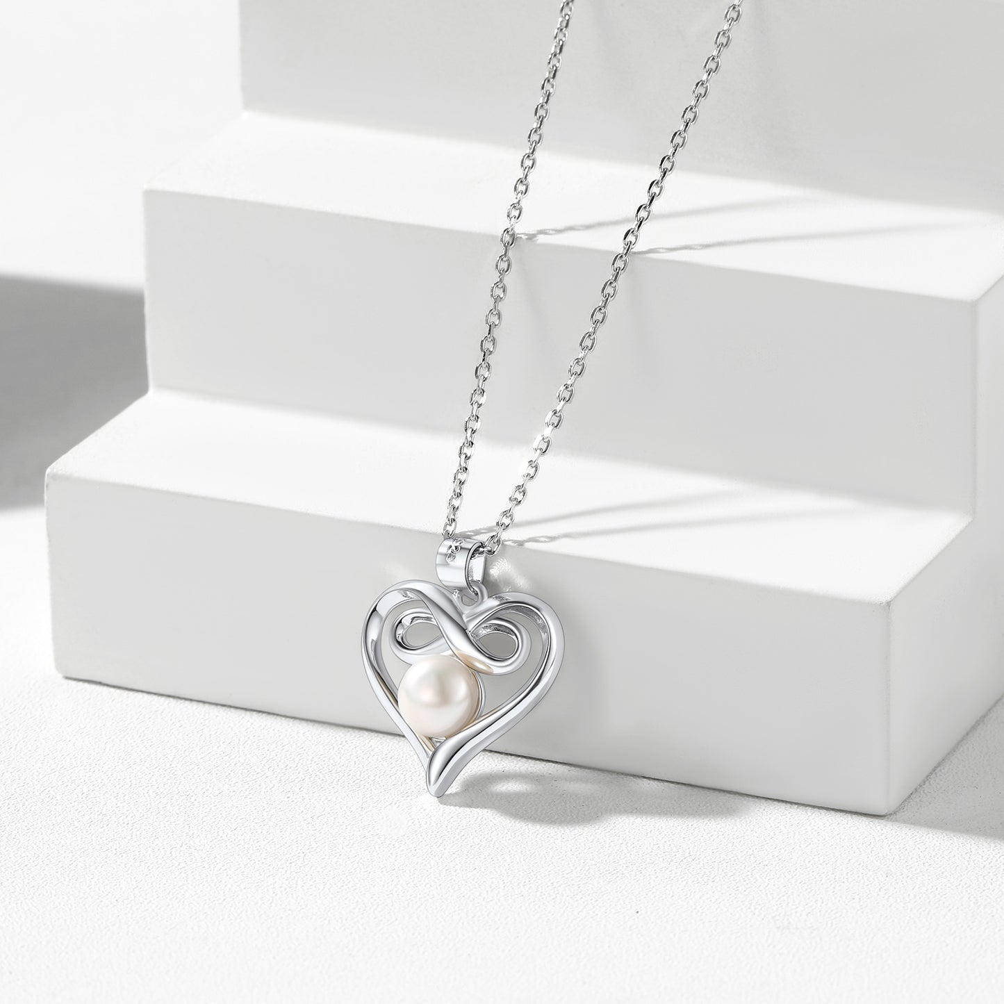 Heart Infinity Necklace Charm Pendant Necklace with Single Freshwater Cultured Pearl Sterling Silver Jewelry Birthday Gift for Her